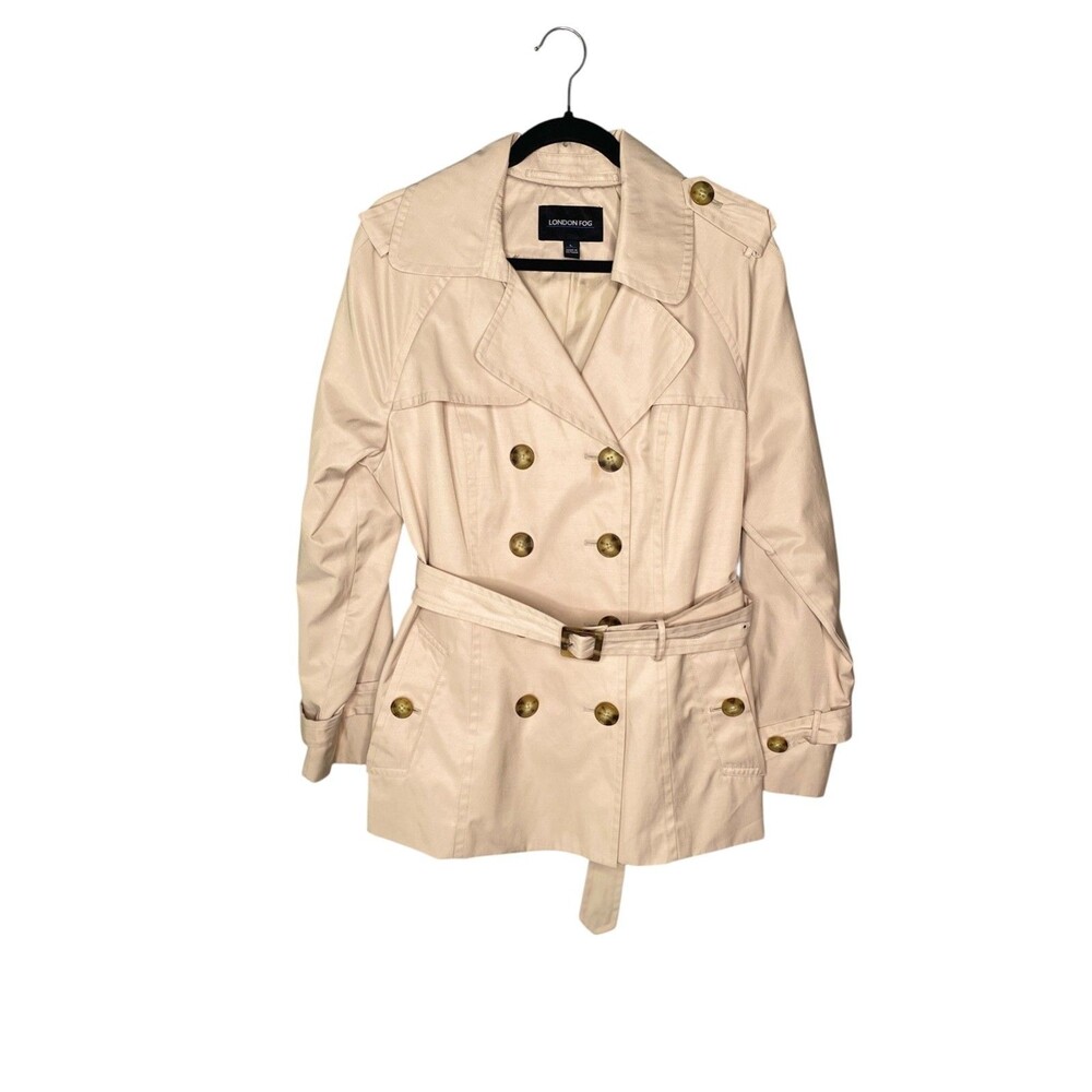 London Fog Double Breasted Trench Coat Belted in Oyster Size Large